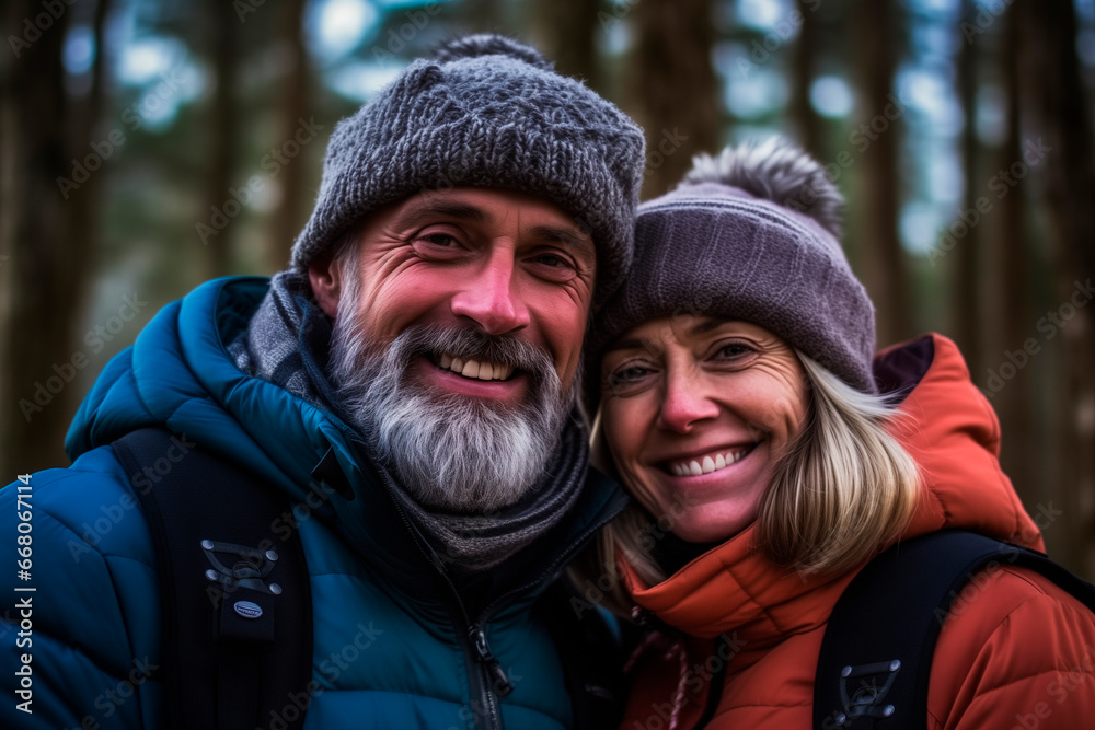 Portrait of a smiling middle aged couple dressed in winter hugging in a forest. Love for nature. hiking Portrait of a smiling middle aged couple dressed in winter hugging in a forest. Love for nature. hiking