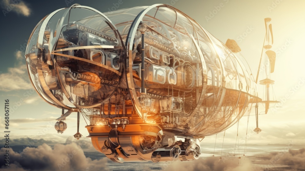 A futuristic airship flying through a cloudy sky. The airship is made of a transparent material, which allows the viewer to see inside. The airship has a propeller. A futuristic airship flying through a cloudy sky. The airship is made of a transparent material, which allows the viewer to see inside. The airship has a propeller.