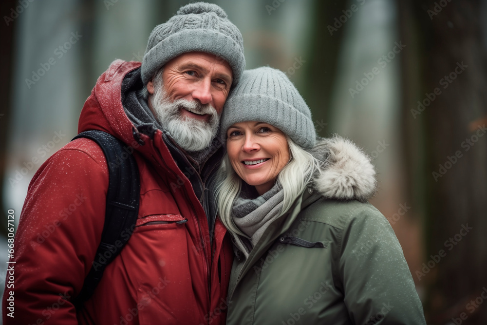 Portrait of a smiling middle aged couple dressed in winter hugging in a forest. Love for nature. hiking Portrait of a smiling middle aged couple dressed in winter hugging in a forest. Love for nature. hiking