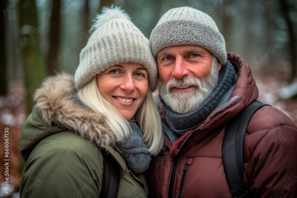 Portrait of a smiling middle aged couple dressed in winter hugging in a forest. Love for nature. hiking