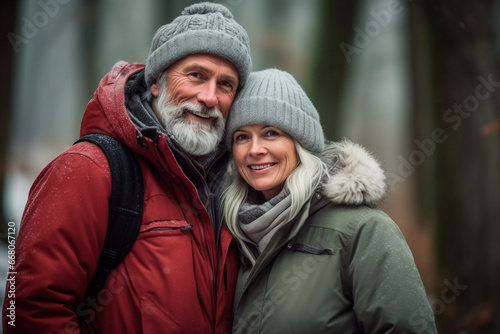 Portrait of a smiling middle aged couple dressed in winter hugging in a forest. Love for nature. hiking