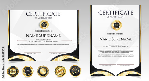 Black and gold certificate of appreciation border template with luxury badge and modern line and shapes. For award, business, and education needs. Diploma vector template
