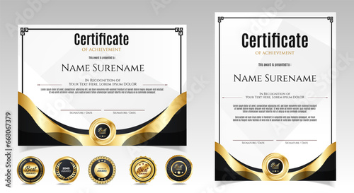 Black and gold certificate of appreciation border template with luxury badge and modern line and shapes. For award, business, and education needs. Diploma vector template