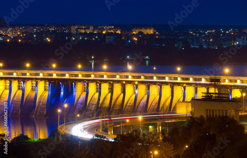 Night view of Dniproges hydroelectric dam on Dnieper river, Zaporizhzhia, Ukraine