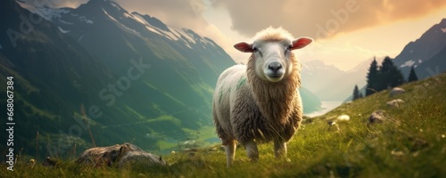 Sheep animal in the nice green and healthy landscape high in mountains, panorama. Generative Ai