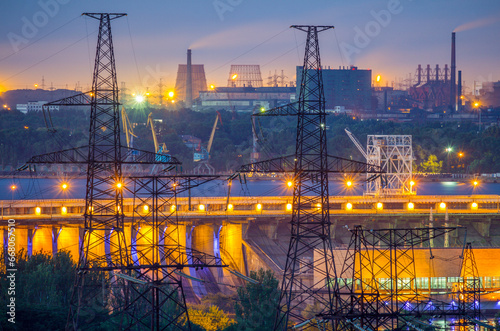 Industrial view with powerlines, Dneproges hydroelectric dam, cargo port and metallurgical plants in Zaporizhzhia, Ukraine