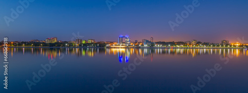 Evening panorama of Zaporizhzhia city on Dnieper river, Ukraine