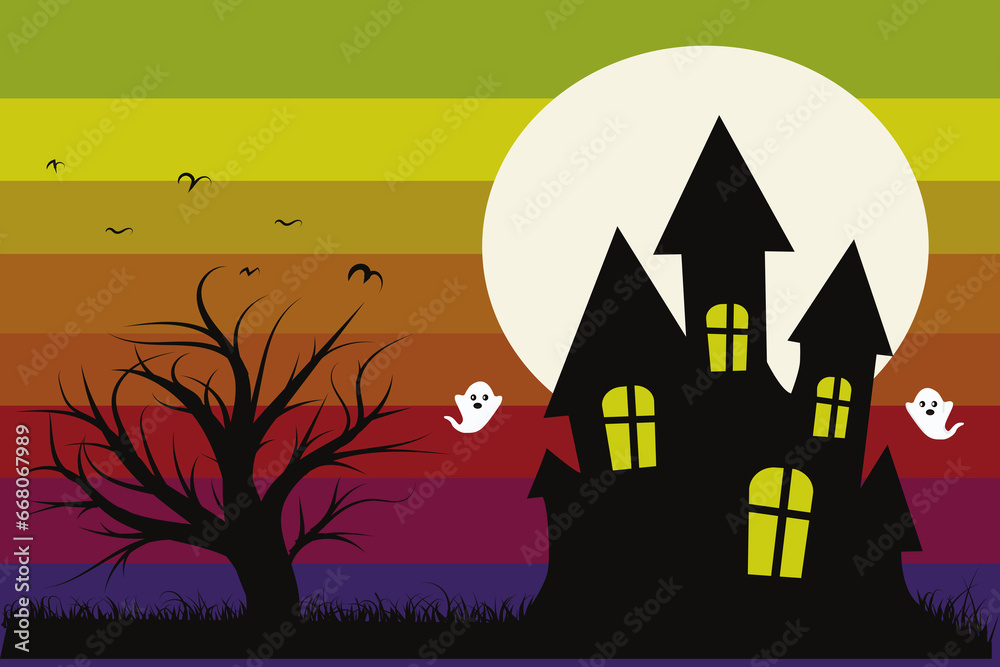 haunted house in the woods,halloween, house, night, moon, illustration, tree, silhouette, cartoon, vector, castle, bat, home, sky, 