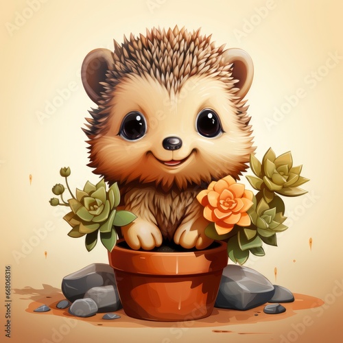 Hedgehog Holding CactusIcon,Cartoon Illustration, For Printing photo