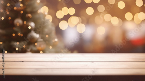 Wooden table in front of blurred christmas tree background with bokeh.