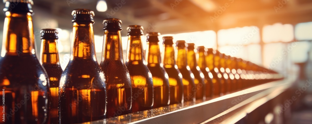 Beer glass bottles with fresh waterdrops on with empty white labels in factory, panorama. Generative Ai. Beer glass bottles with fresh waterdrops on with empty white labels in factory, panorama. Generative Ai.