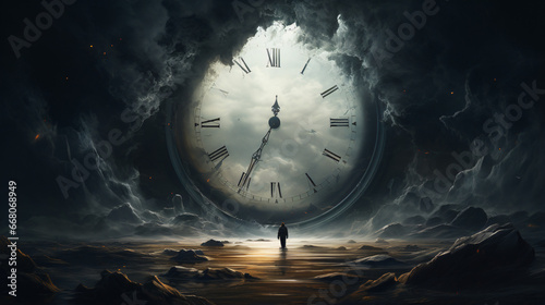 Horror clock in dark water horizont