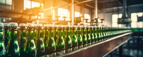 Beer glass bottles with fresh waterdrops on with empty white labels in factory, panorama. Generative Ai.