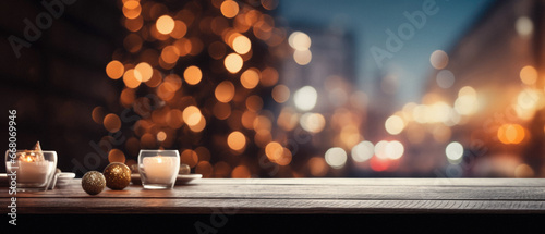 Empty wooden table in front of blurred city lights. Mock up.