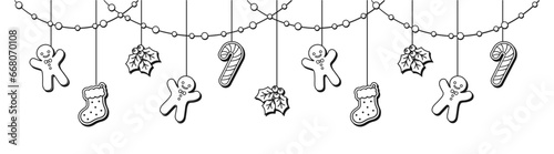 Merry Christmas Border Banner, Hanging Gingerbread Cookies and Mistletoe Garland Outline Doodle. Winter Holiday Season Header. Festive Web Banner Template. Vector illustration.