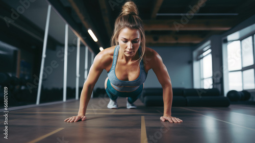 Low angle Front view of fitness woman doing push-ups in gym
