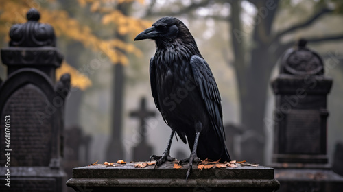 Crow standing on Thombs stone in spooky cemetery in Halloween concept