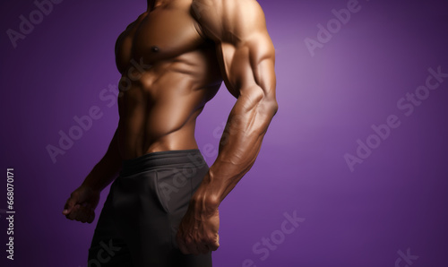 Profile view of male bodybuilder torso in front of purple background