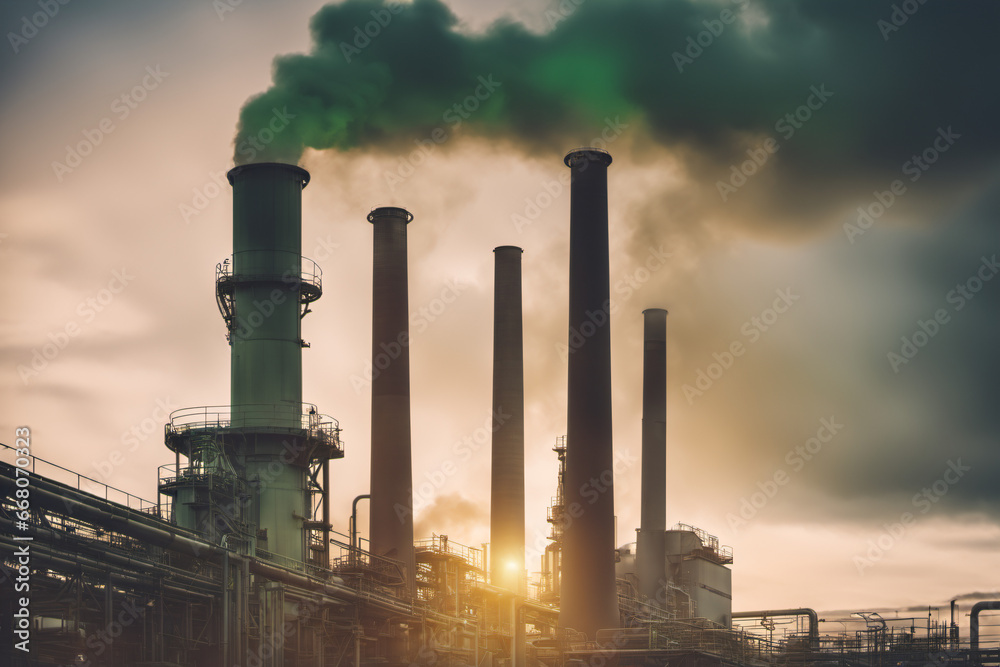 Factory smokestacks emit fumes that are harmful substances that damage the environment