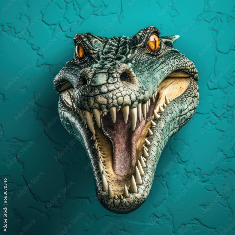 Fototapeta premium A green scaly crocodile with yellow eyes