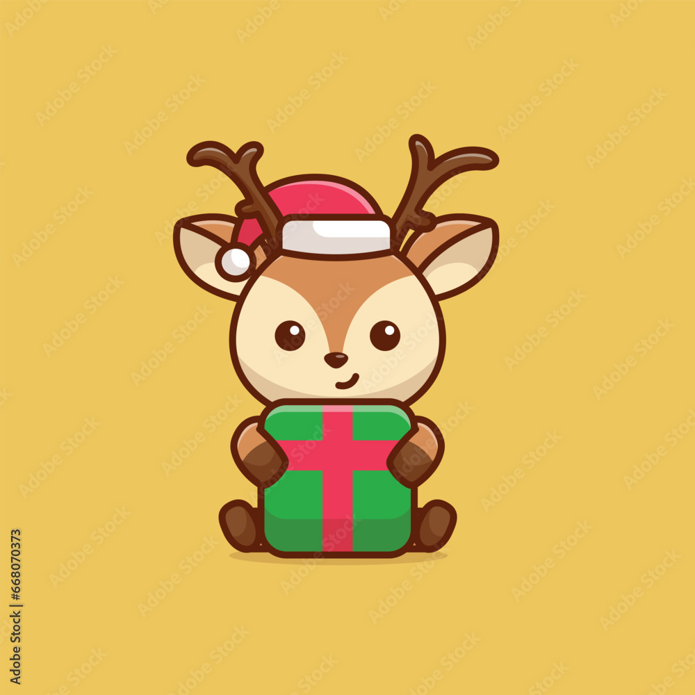 Naklejka premium Cute deer huge christmas gift box simple cartoon vector illustration christmas concept icon isolated