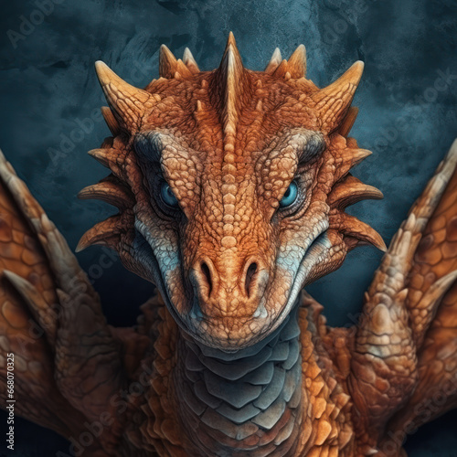 A orange scaly dragon with blue eyes 
