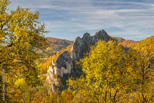 View of autumn landscape with The Lednica medieval castle in the White Carpathian Mountains  Slovakia  Europe.