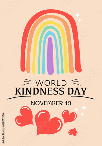 World kindness day. Random acts of kindness day emblem. Caring, responsibility, altruism of people. November 13. RAINBOW LOVE HEART with text. Vector illustration.