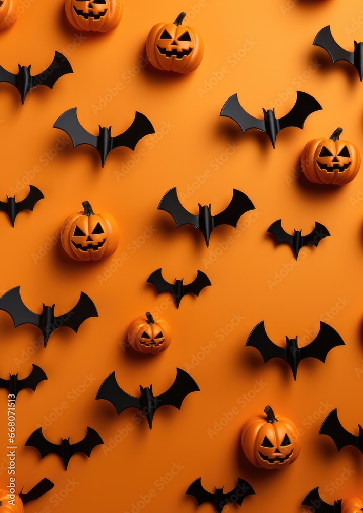Halloween wallpaper with scary forest pumpkins and bats, american saints-day. Generative Ai.