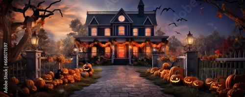Halloween wallpaper with scary forest pumpkins and bats, banner panorama. Generative Ai. photo