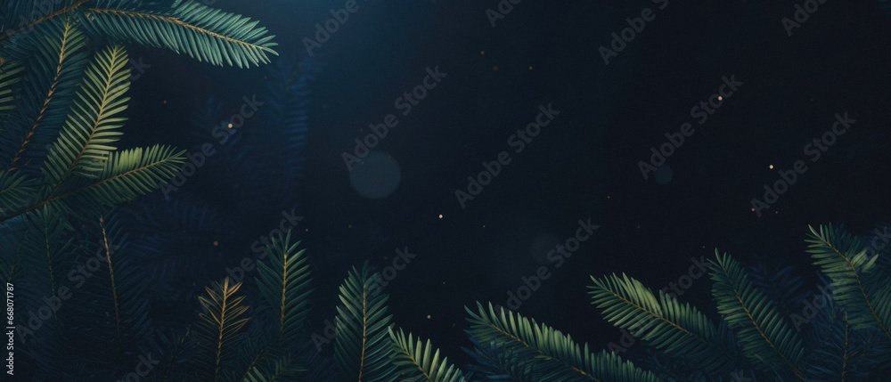 Banner with Christmas tree branches and bokeh on dark background.