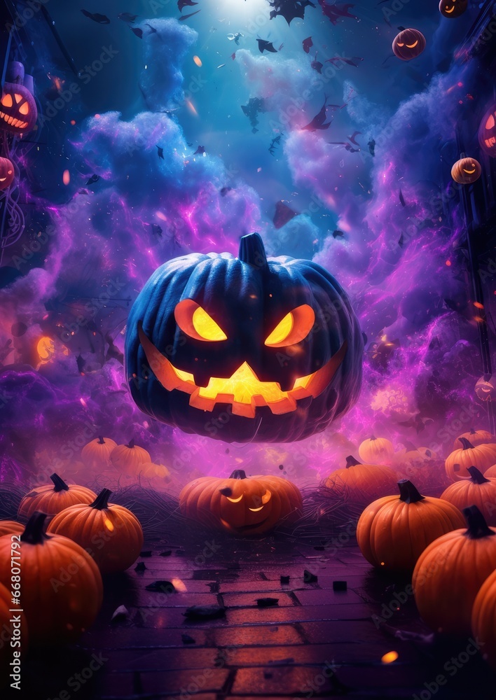 Fototapeta premium Halloween wallpaper with scary forest pumpkins and bats, american saints-day. Generative Ai.