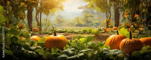 Halloween gardening in american garden with pumpkins, panorama banner. Generative Ai.