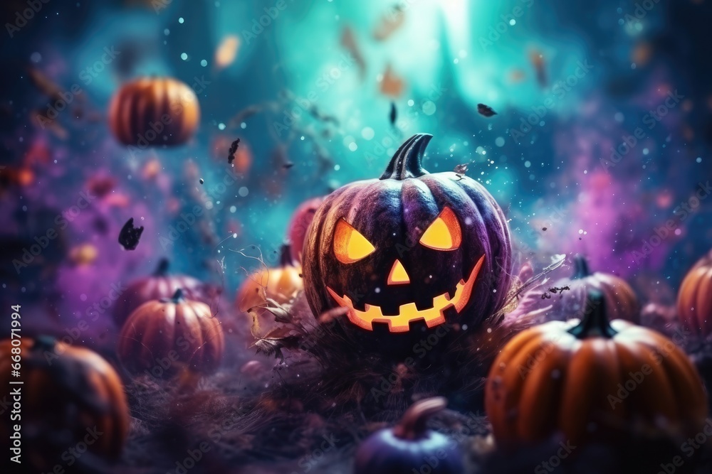 Halloween wallpaper with scary forest pumpkins and bats, american saints-day. Generative Ai. Halloween wallpaper with scary forest pumpkins and bats, american saints-day. Generative Ai.