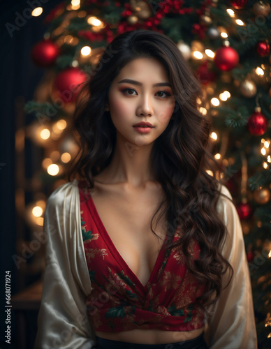 A Christmas-inspired close-up of an Asian beauty, showcasing her exquisite Oriental allure. Generated Ai