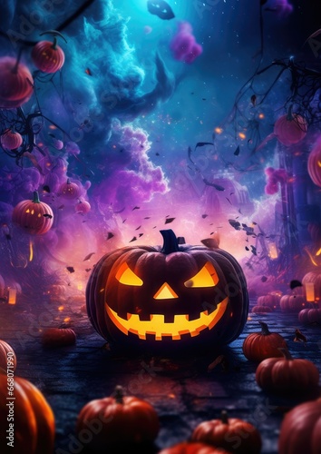 Halloween wallpaper with scary forest pumpkins and bats, american saints-day. Generative Ai.