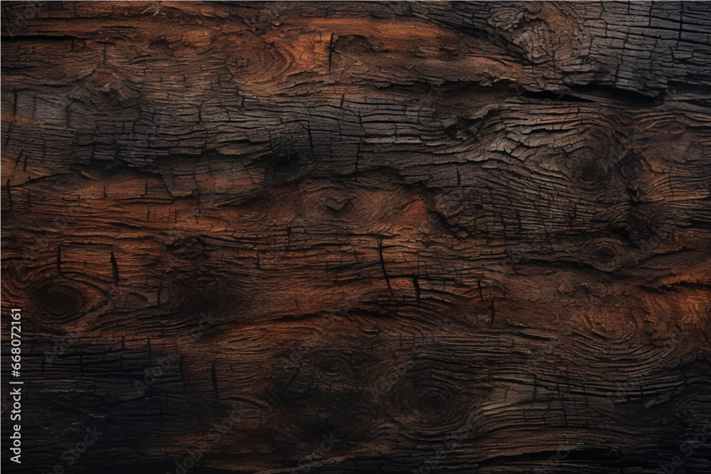 texture of old dark, burnt cracked wood with knots