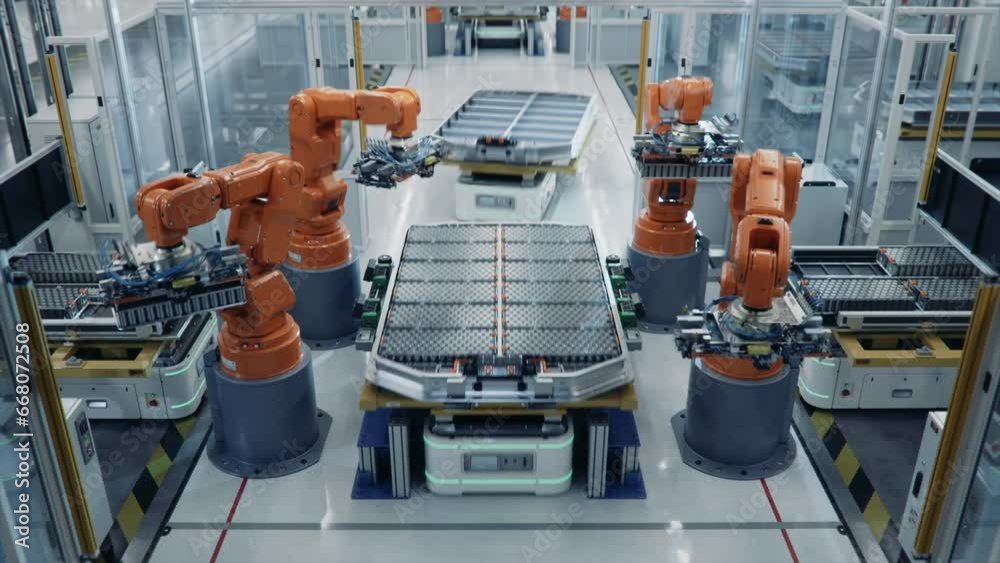 Time-lapse of EV Battery Pack for Automotive Industry Assembled on Production Line with Orange Robotic Arms. Battery Automated Manufacturing Line Equipped with Robot Arms. Electric Car Smart Factory