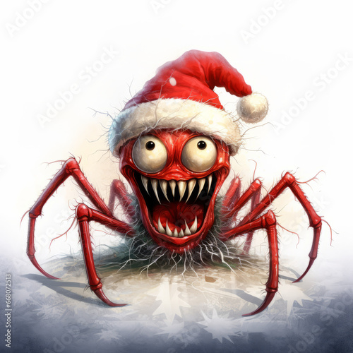 Rote Halloween Spinne mit Weihnachtsmütze im Horror Style photo