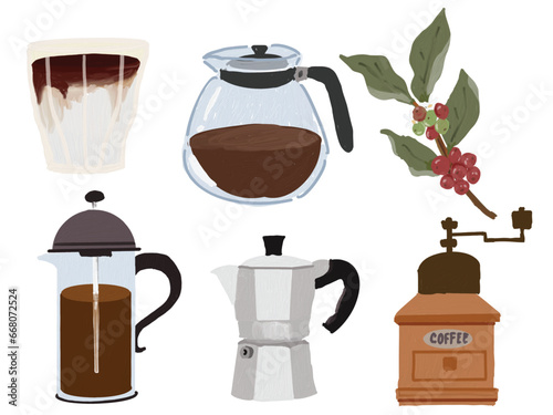 cute oil brush painting coffee bakery and tea set vector illustration