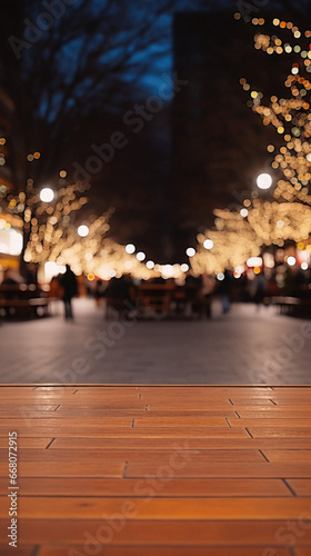 Wooden floor in the city at night. Blurred background.