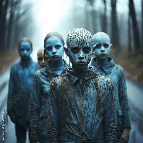 A group of children standing on a forest road, blue skin covered in spots, zombie vibe.