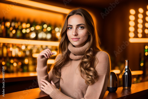 Beautiful Southern Europe Italian woman waiting in an illuminated cocktail bar