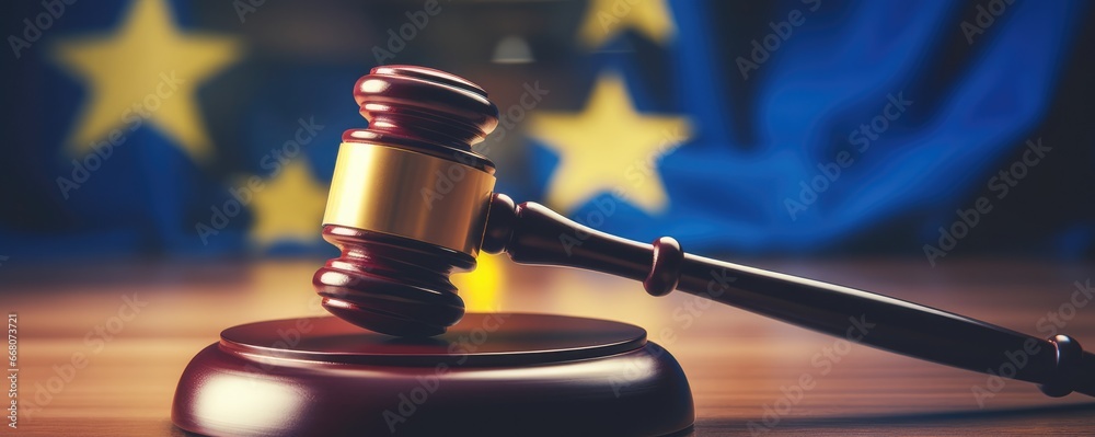 Judges wooden gavel with bokeh flag in the background, panorama. Generative Ai. Judges wooden gavel with bokeh flag in the background, panorama. Generative Ai.