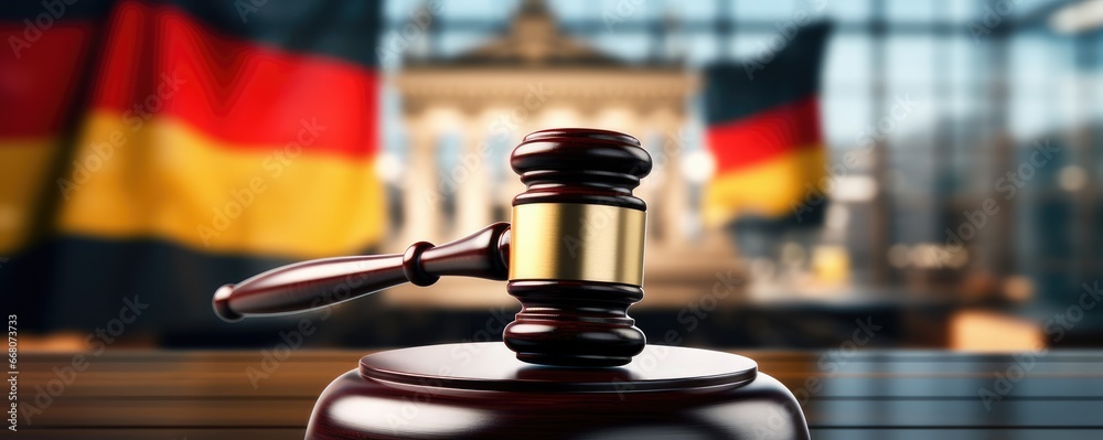 Judges wooden gavel with bokeh flag in the background, panorama. Generative Ai. Judges wooden gavel with bokeh flag in the background, panorama. Generative Ai.