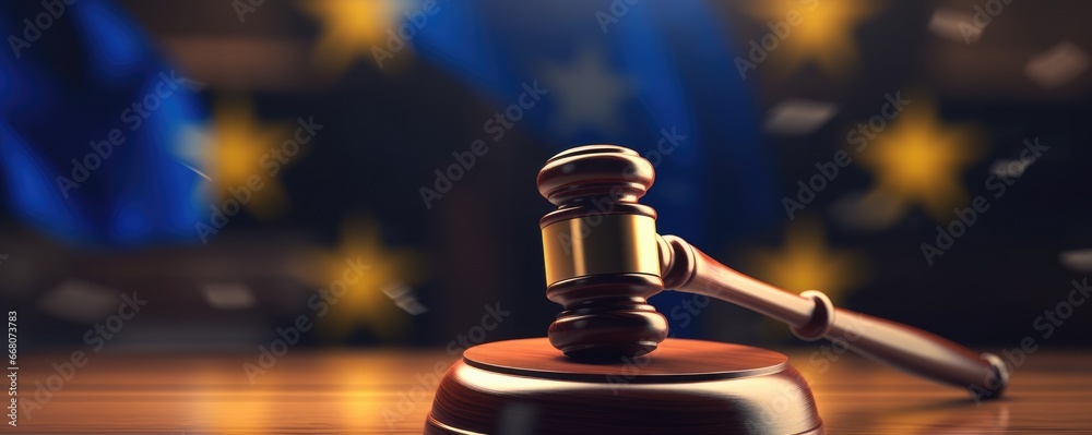 Judges wooden gavel with bokeh flag in the background, panorama. Generative Ai. Judges wooden gavel with bokeh flag in the background, panorama. Generative Ai.