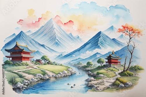 watercolor painting of mountainscape with a river  chinese style. Generative Ai.