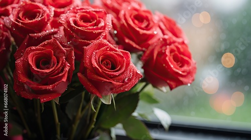 Bouquet of red roses with water drops in the vase. Beautiful floral composition for wedding  Valentine s day  birthday.