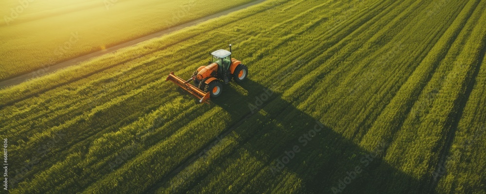 Modern tractor standing in the  field with colorful sunset light, panorama. Generative Ai.