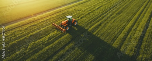Modern tractor standing in the field with colorful sunset light, panorama. Generative Ai.